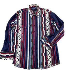 Vintage Wrangler Western Shirt Pearl Snap X-Long Tails Single Needle Aztec Sz L